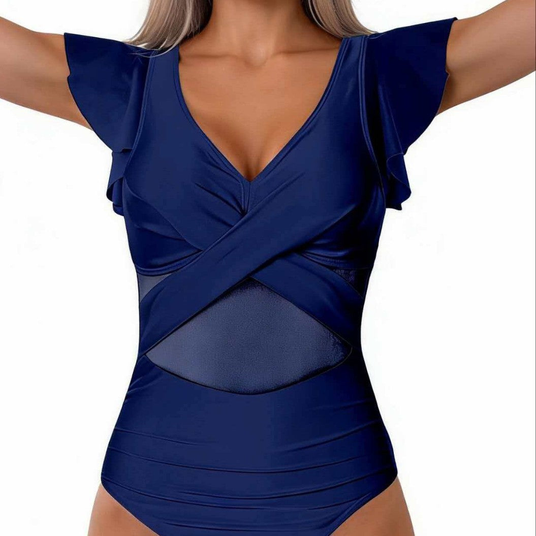 Damen Eleganter Badeanzug mit raffinierten Rüschendetails und transparenter Einsätzen R&B