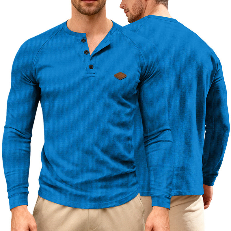 Herren nan Waffelstrick-Henley Langarmshirt mit Raglanärmeln, Halbknopfleiste und Lederlabel R&B