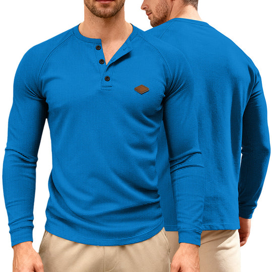 Herren nan Waffelstrick-Henley Langarmshirt mit Raglanärmeln, Halbknopfleiste und Lederlabel R&B