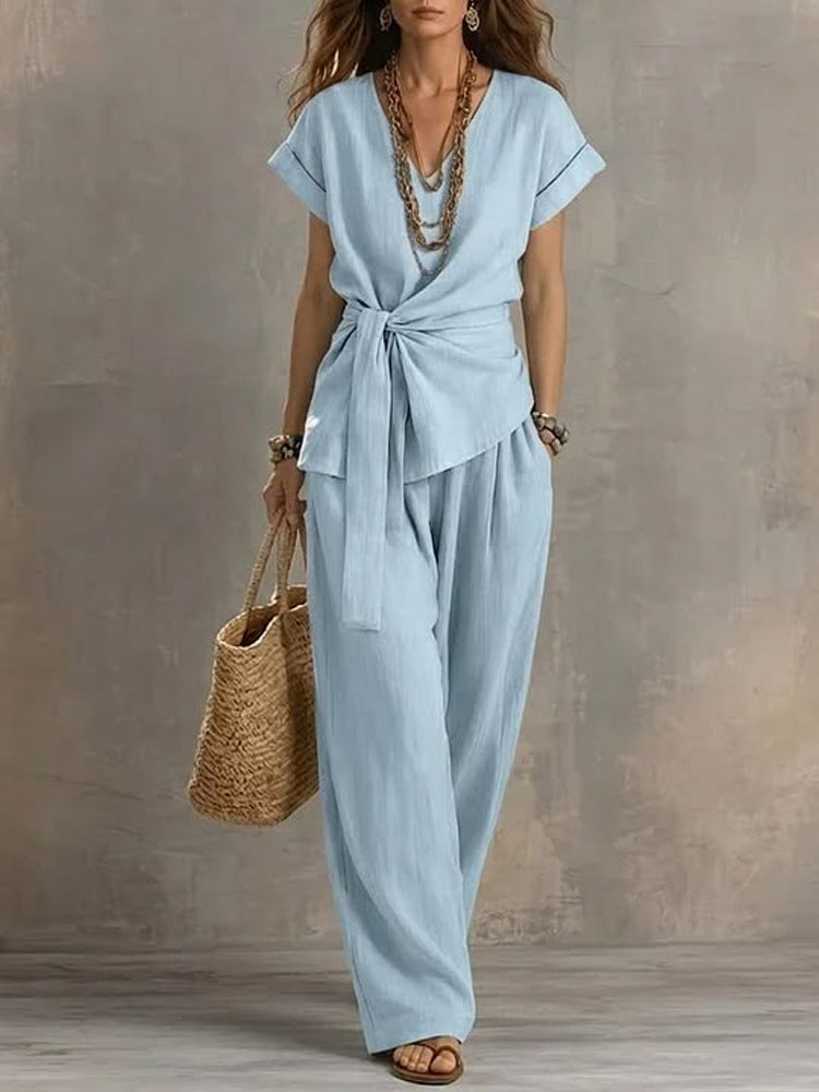 Damen Lässiges Oversize-Hosenanzug mit Wickel-Oberteil R&B