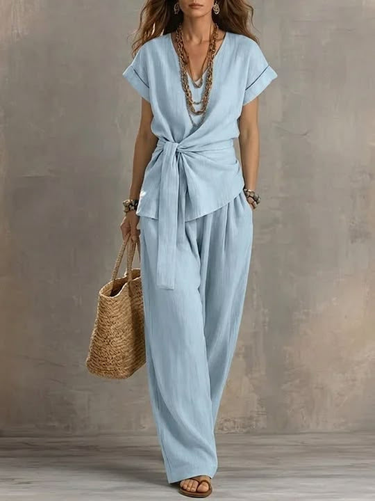 Damen Lässiges Oversize-Hosenanzug mit Wickel-Oberteil R&B