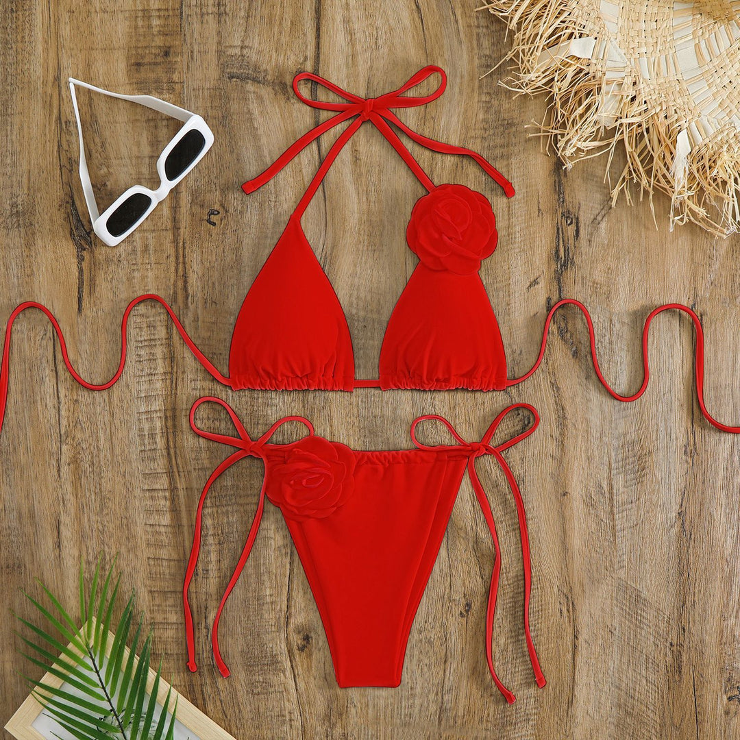 Damen verstellbarer Triangel-Bikini mit dekorativen Blumenapplikationen R&B