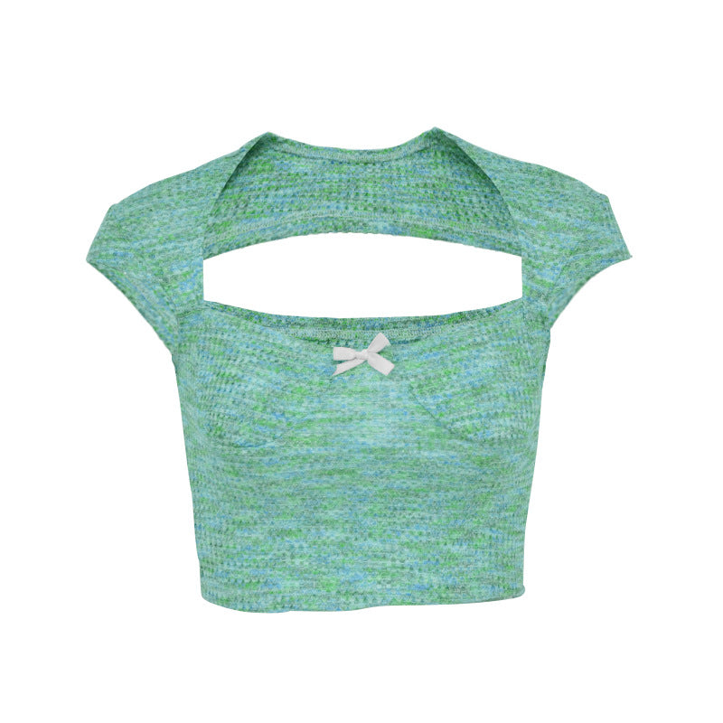 Damen Kurzarm-Crop-Top mit femininem Rückenausschnitt und dekorativem Bogen R&B