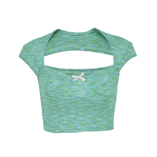 Damen Kurzarm-Crop-Top mit femininem Rückenausschnitt und dekorativem Bogen R&B