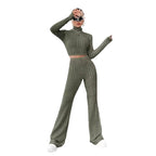 Damen Strickfleece Set mit hohem Kragen und ausgestellten Hosen R&B