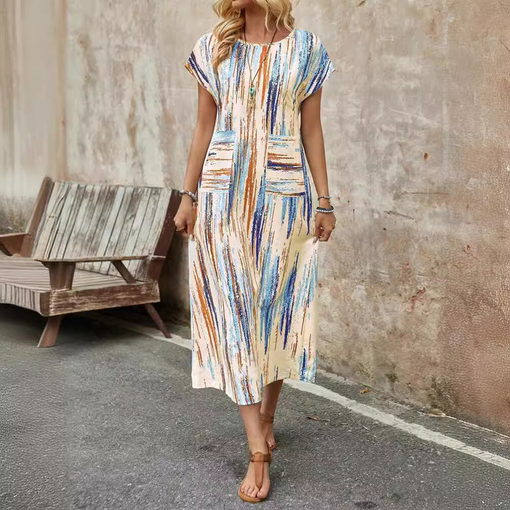 Damen Maxikleid mit praktischen Taschen und modischem Streifenmuster R&B