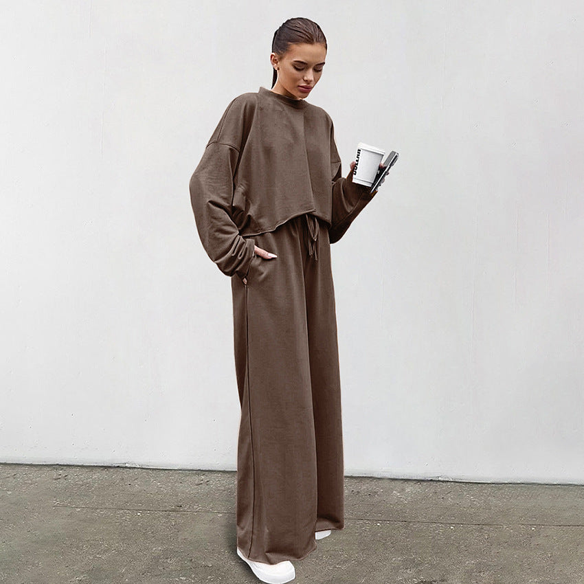 Damen Bequemes Cropped Sweatshirt und Weite Hose Set R&B