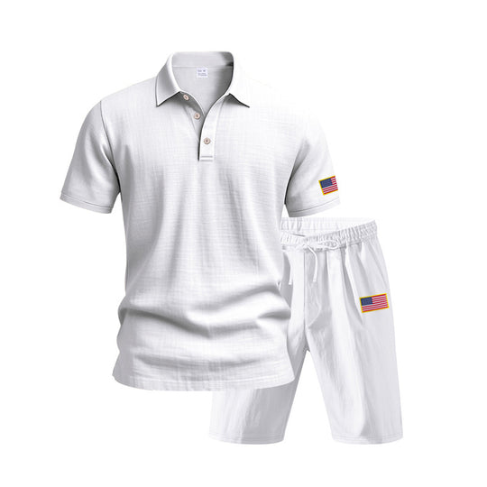 Herren Polo- und Shorts-Set mit gesticktem Länderflaggen-Motiv R&B
