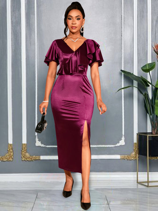 Damen Schickes Maxikleid mit Rüschendetails und Schlitz R&B