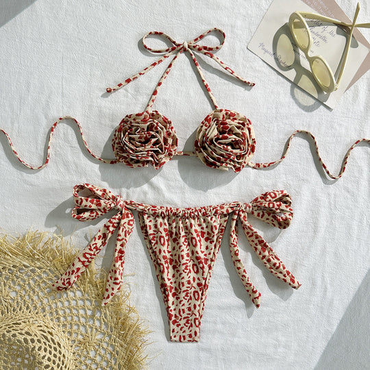 Damen Bikini-Set mit floralem Design und seitlichen Bindebändern R&B
