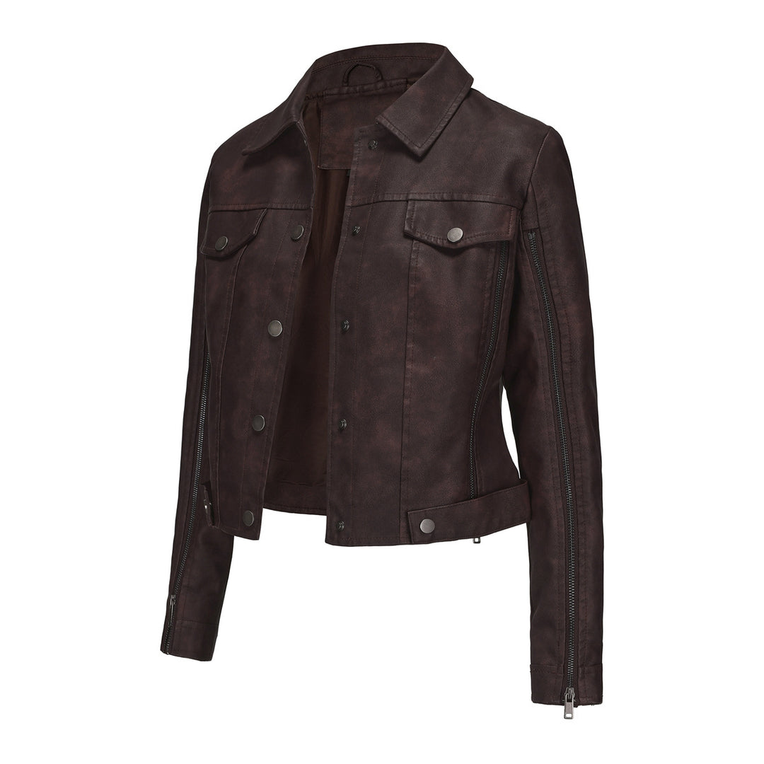 Damen modische Shortjacke aus Kunstleder mit Reißverschlussdetails R&B