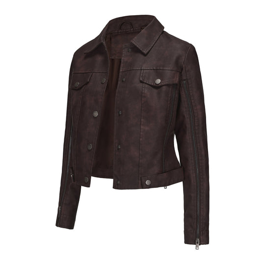 Damen modische Shortjacke aus Kunstleder mit Reißverschlussdetails R&B