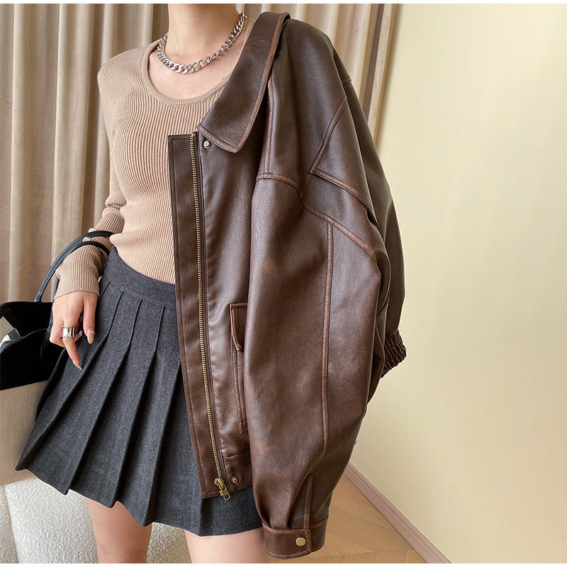 Damen Lässige Kunstlederjacke mit praktischen Taschen und elastischem Saum R&B
