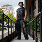 Herren nan weite Jogginghose mit elastischem Bund, Seitentaschen und detailreichem Schädel- und Rosenmotiv R&B