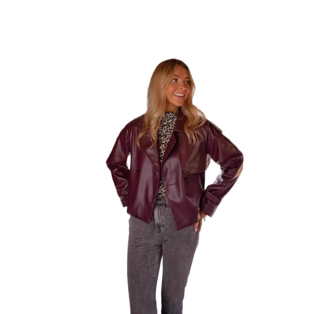 DamenModerne Jacke aus Kunstleder mit Taillengürtel und doppelt gestepptem Design R&B