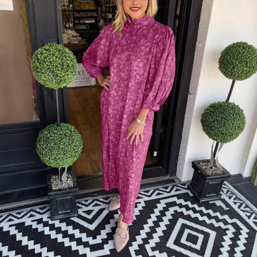 Damen Elegantes Maxikleid mit Stehkragen und weiten Ärmeln R&B