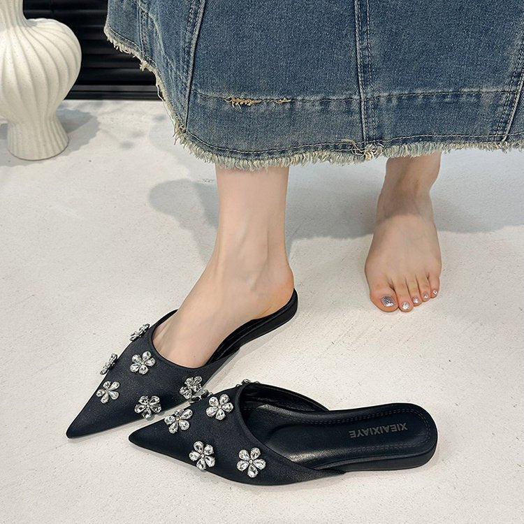 Damen elegante Mules mit funkelndem Blütenakzent R&B