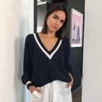 Damen V-Ausschnitt Pullover mit kontrastierenden Streifen R&B