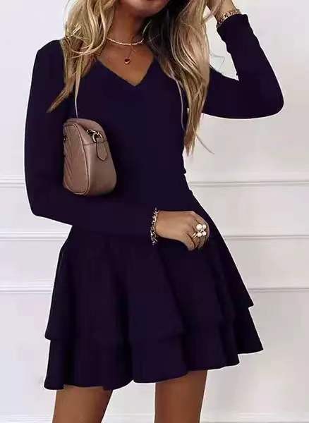 Damen V-Ausschnitt Kleid mit voluminösem Stufenrock R&B