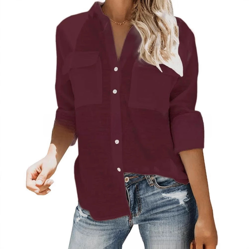 Damen leichte Sommerbluse mit zwei Brusttaschen und aufgerollten Ärmeln R&B