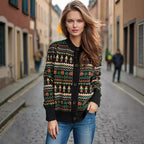 Damen Strickjacke mit farbenfrohem geometrischem Muster und praktischen Knöpfen R&B