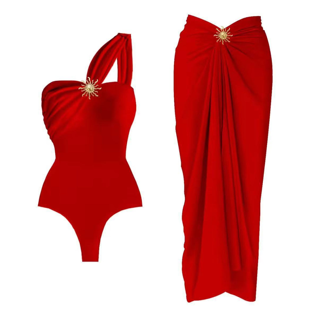 Damen einseitiger Badeanzug mit elegantem Drapierungsdesign und passendem Pareo R&B