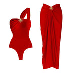 Damen einseitiger Badeanzug mit elegantem Drapierungsdesign und passendem Pareo R&B