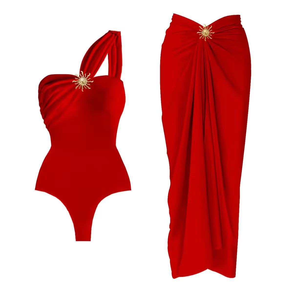 Damen einseitiger Badeanzug mit elegantem Drapierungsdesign und passendem Pareo R&B
