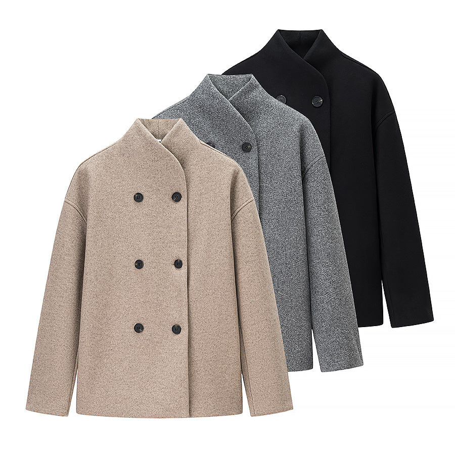 Damen Oversized Wolljacke mit doppelter Knopfleiste und modernem Stehkragen R&B