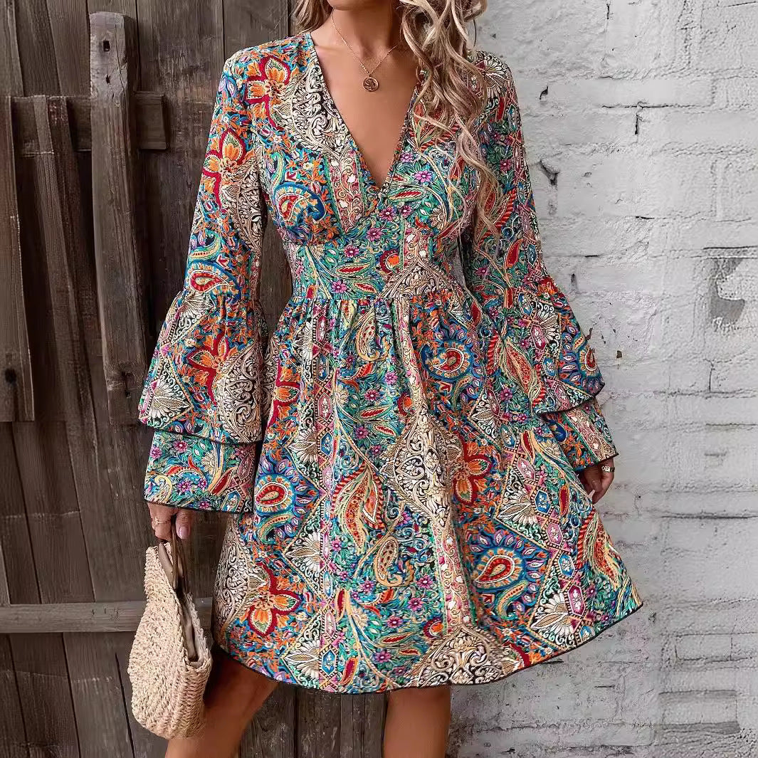 Damen V-Ausschnitt Minikleid mit floraler Paisley-Optik und voluminösen Ärmeln R&B