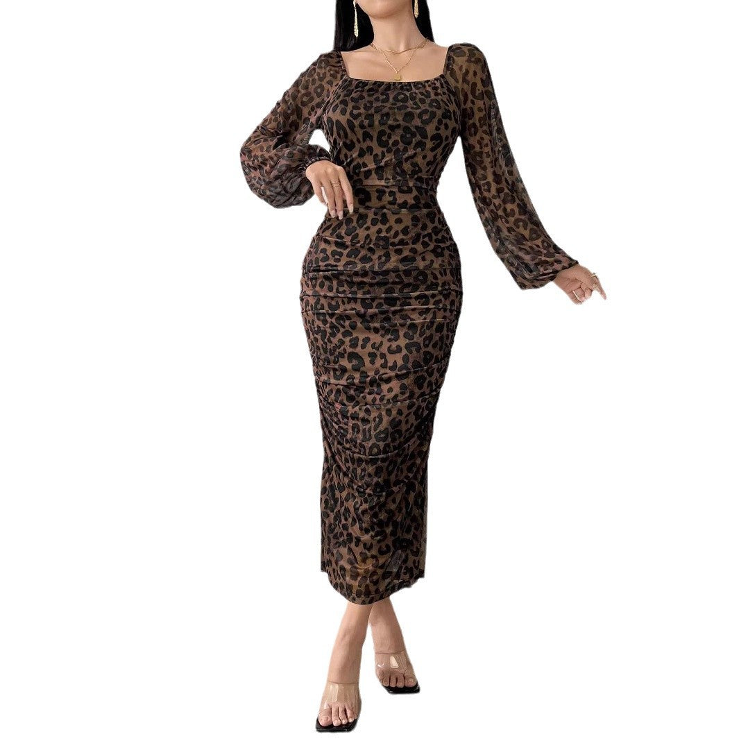 Damen elegantes Kleid mit Leopardenmuster und Puffärmeln R&B