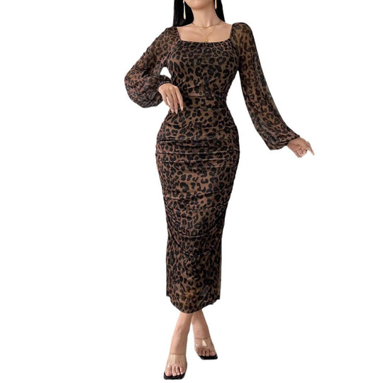 Damen elegantes Kleid mit Leopardenmuster und Puffärmeln R&B