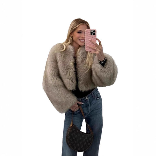 Damen Plüschige Kurzjacke mit tiefem V-Ausschnitt R&B
