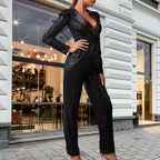 Damen Funkelnder Jumpsuit mit Figurschmeichelndem Schnitt und Elegantem V-Ausschnitt R&B