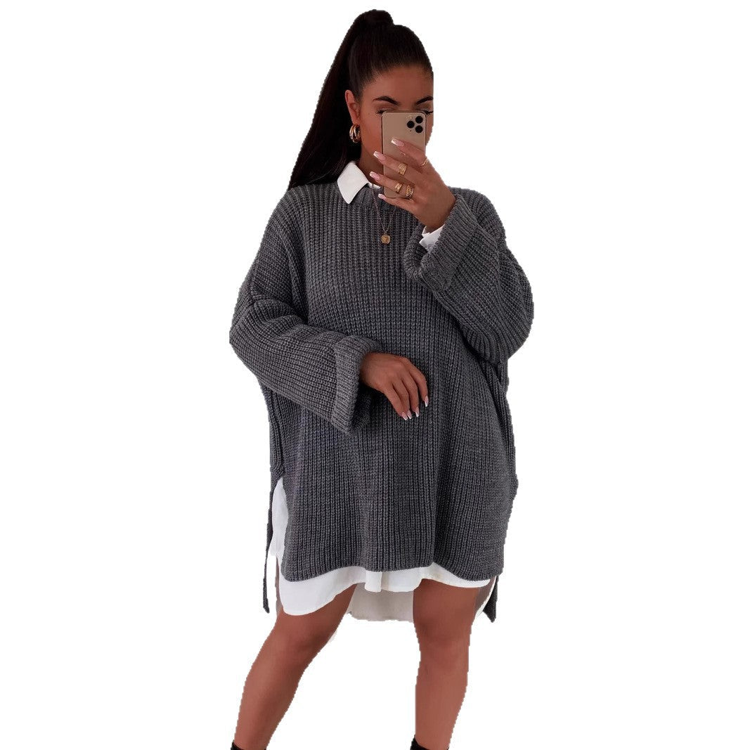 Damen grob gestrickter Oversize-Pullover mit V-Ausschnitt und lässigem Schnitt R&B