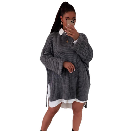 Damen grob gestrickter Oversize-Pullover mit V-Ausschnitt und lässigem Schnitt R&B