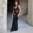 Damen Maxikleid mit durchscheinendem Oberteil und dekorativem Gürtel R&B