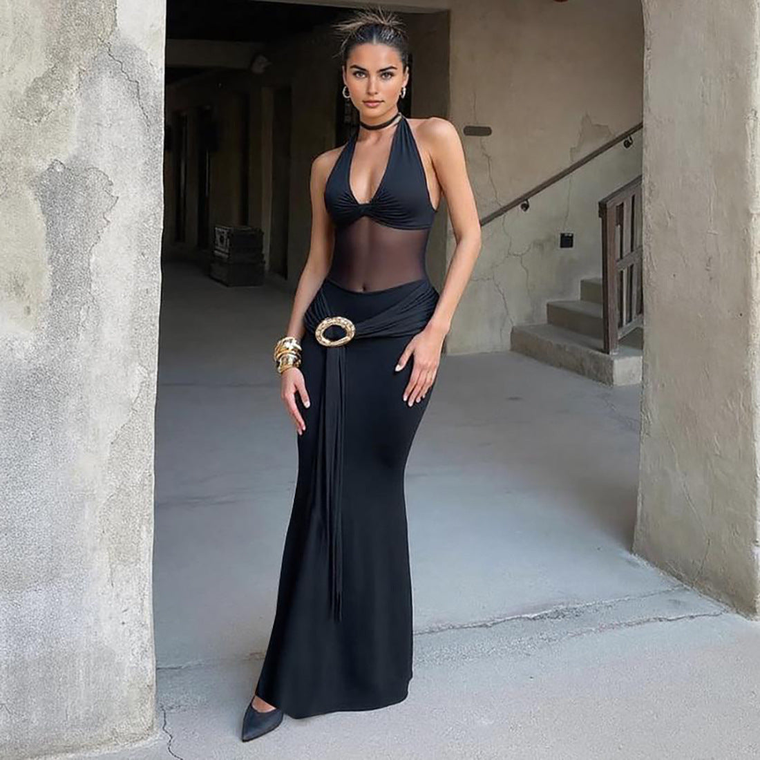 Damen Maxikleid mit durchscheinendem Oberteil und dekorativem Gürtel R&B