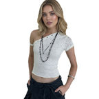 Damen elegantes Oberteil aus zarter Spitze mit kurzem Ärmel und aufregendem Design R&B
