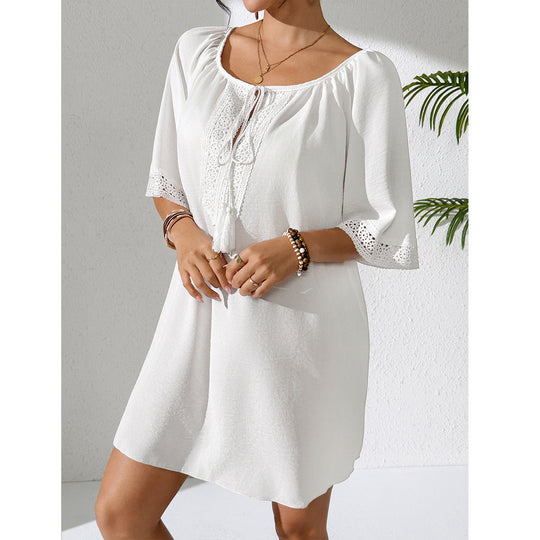 Damen luftiges Strandkleid mit verzierten Ärmeln R&B
