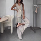 Damen elegantes Hosenanzug-Set mit tailliertem Blazer und weit geschnittenen Hosen R&B