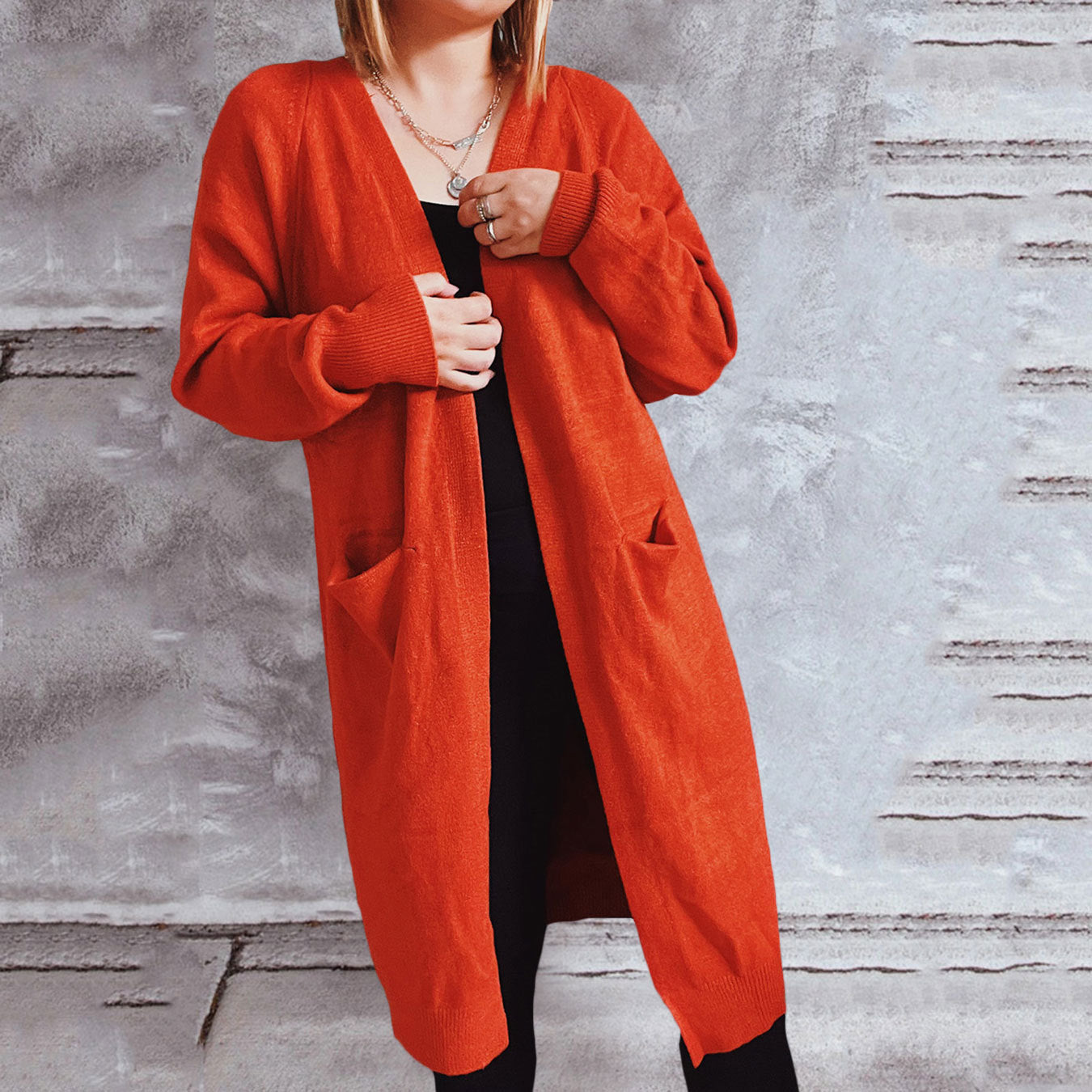 Damen lässiger Strickcardigan mit offenen Fronten und praktischen Taschen R&B