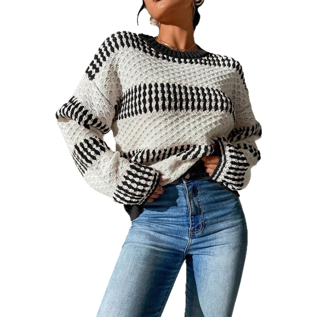 Damen Strickpullover mit strukturierter Oberfläche und modischen Streifen R&B