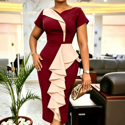 Damen Elegantes Midikleid mit asymmetrischem Rüschendesign R&B