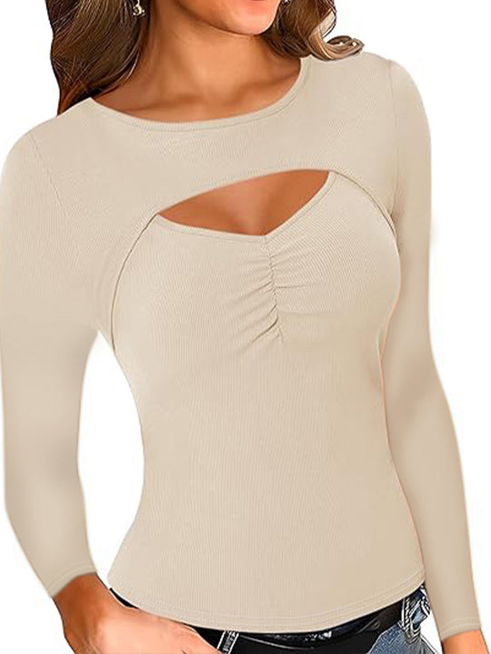 Damen Figurbetontes Longsleeve-Shirt mit Cut-Out und Raffung R&B