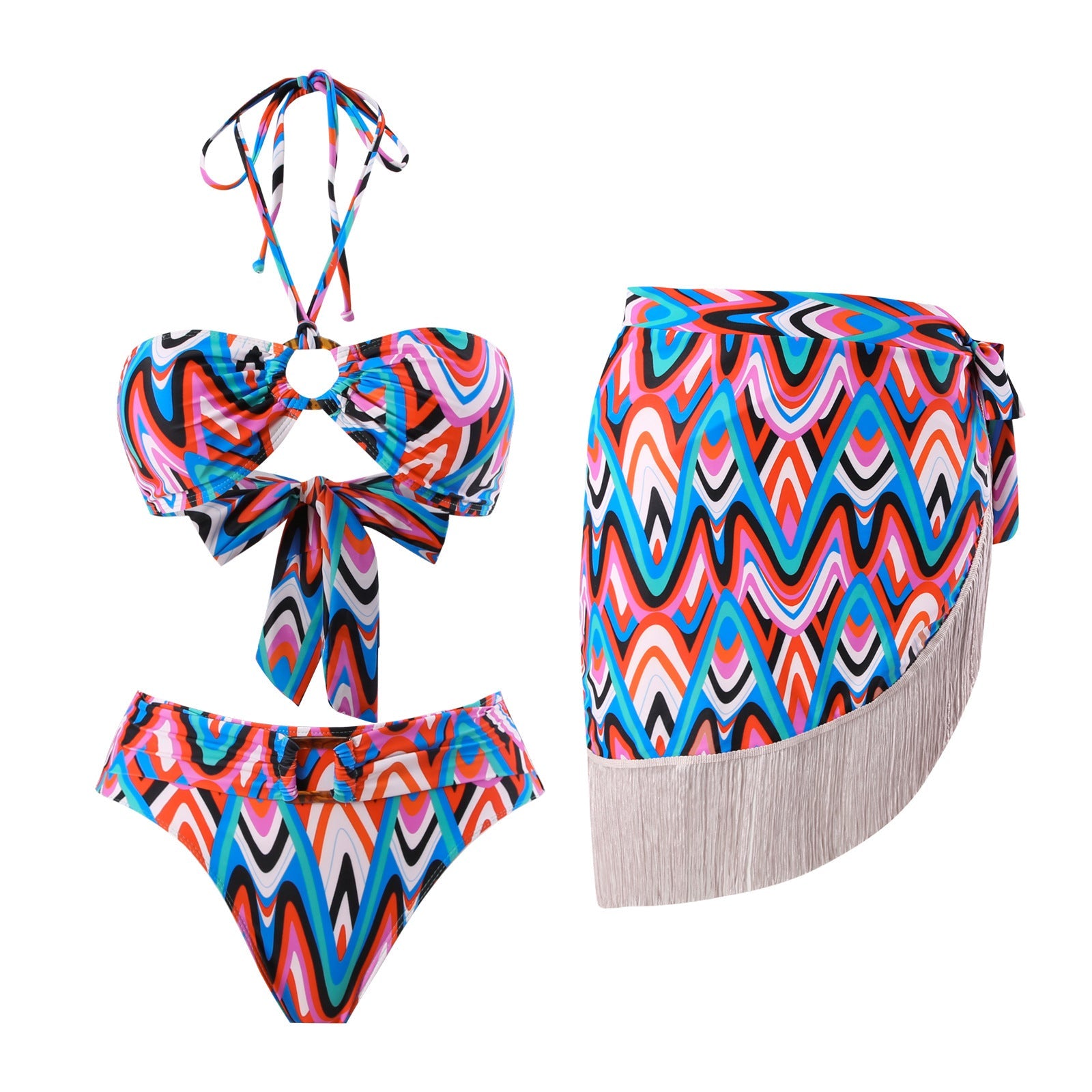 Damen Bikini-Set mit trendigem Wickelrock und faszinierendem Muster R&B