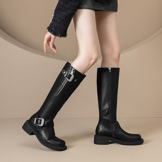 Damen modische Lederstiefel mit trendy Schnallen und komfortabler Sohle R&B