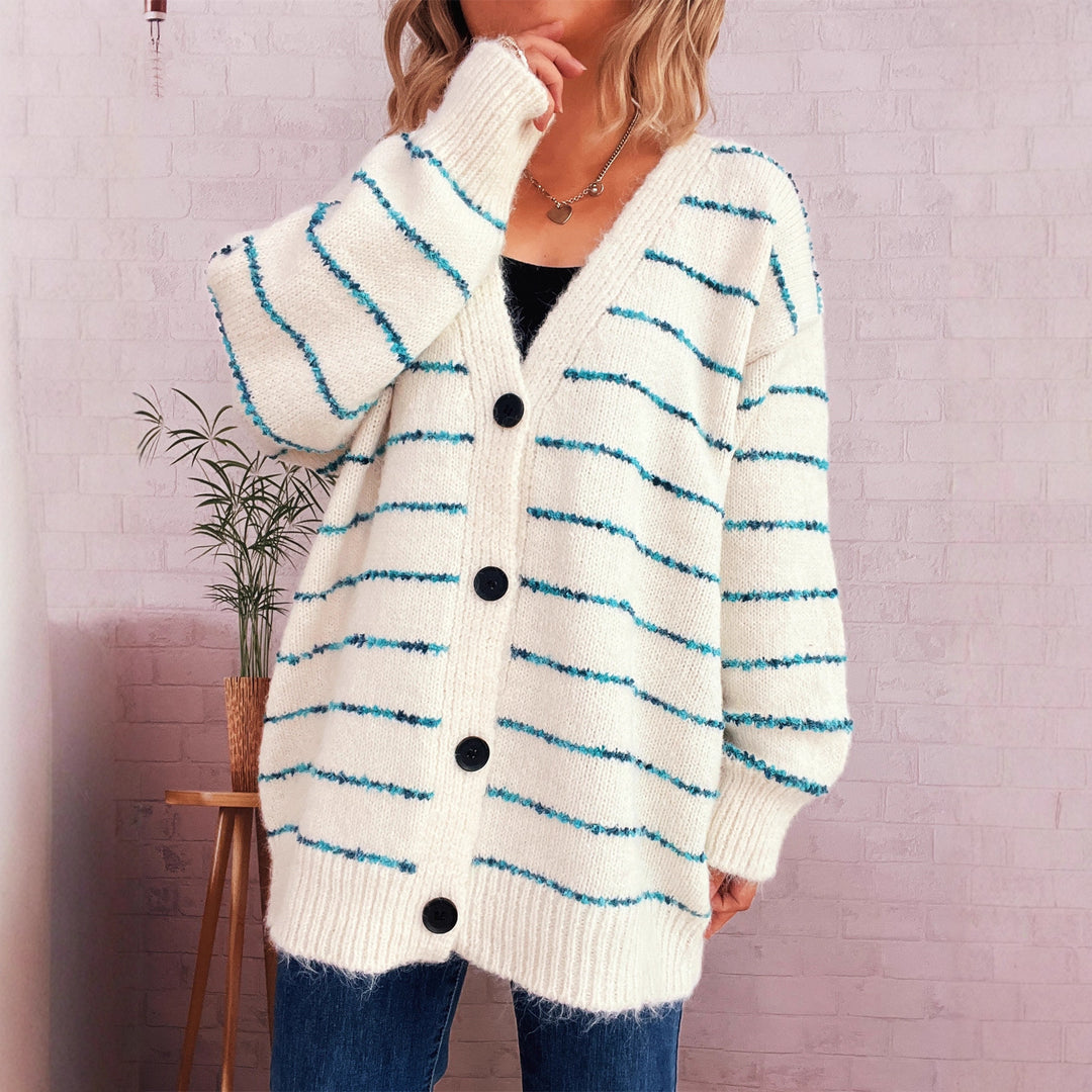Damen grob strukturiertes Strickjäckchen mit buntem Streifenmuster R&B