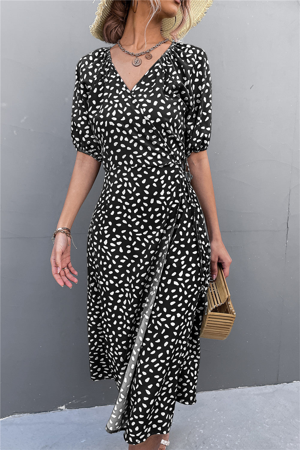 Damen Wickelkleid mit eleganten Puffärmeln und modernem Muster R&B