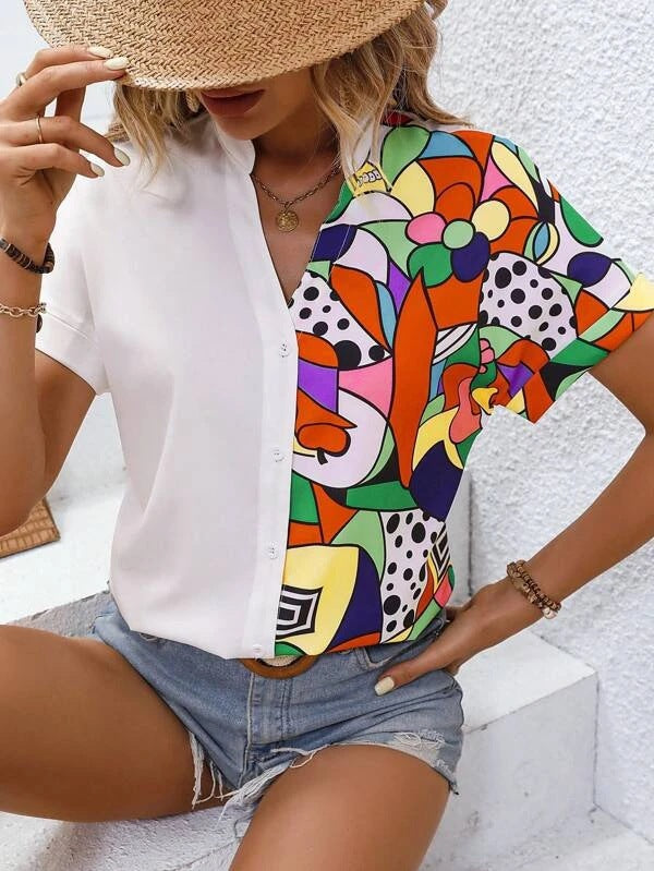 Damen Button-Up Bluse mit künstlerischem asymmetrischem Design R&B